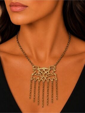 Vintage Damascus 1950s Brutalist Fringe Necklace Gold Tone MCM Avant Garde 21'